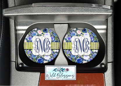 Blue Floral Monogram Car Coasters