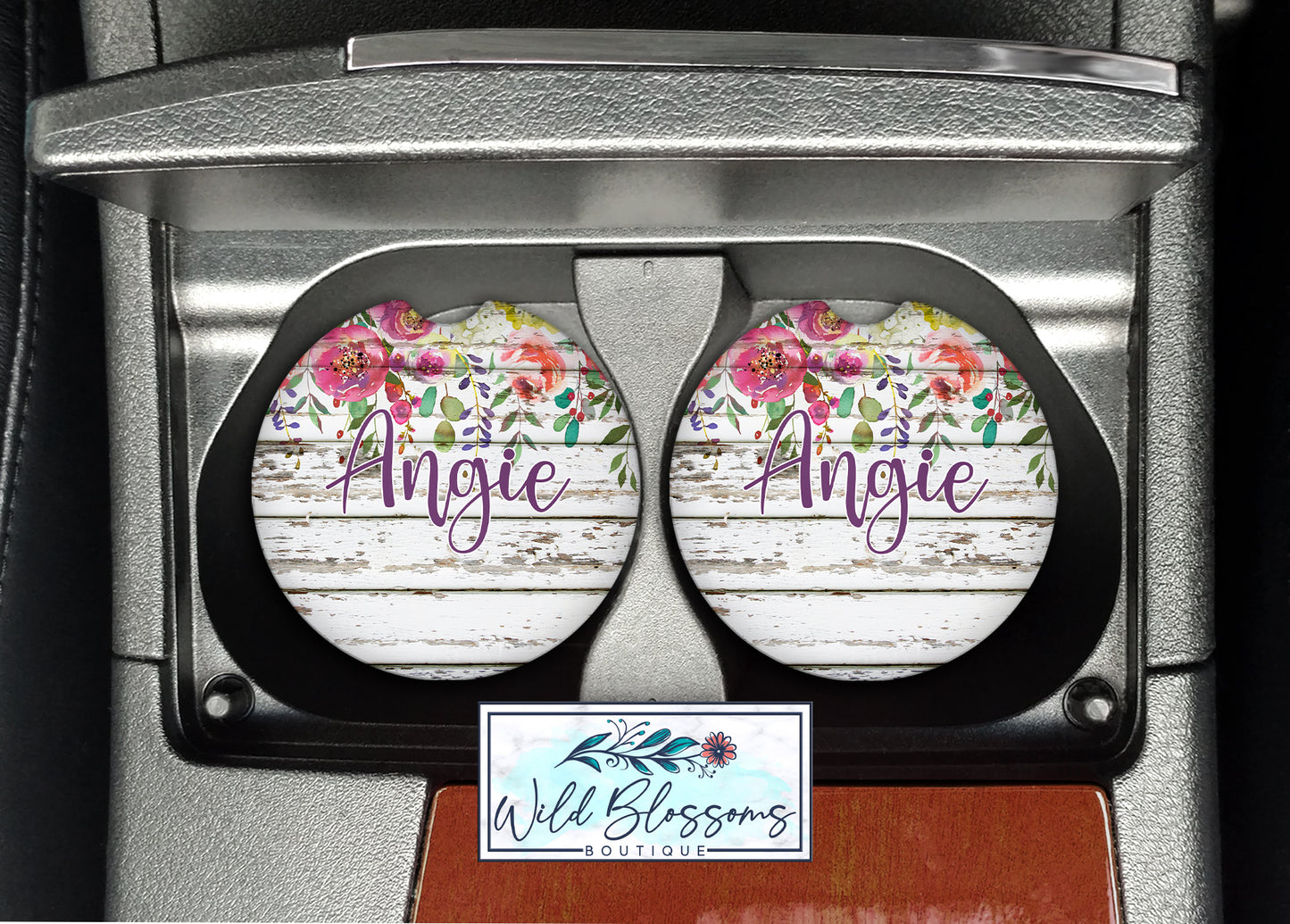 White Wooden Floral Car Coasters