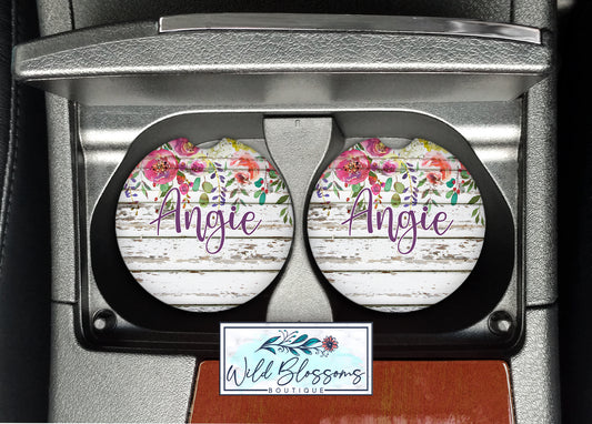 White Wooden Floral Car Coasters