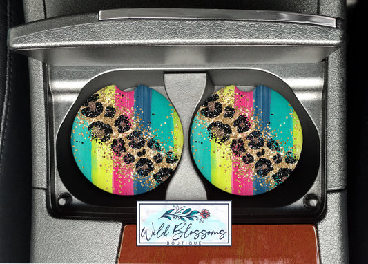 Glitter Leopard Print Bright Paint Strokes Car Coasters
