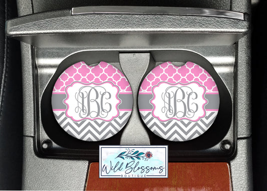 Pink And Grey Monogram Car Coasters