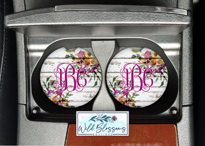 White Wooden Plum Floral Car Coasters