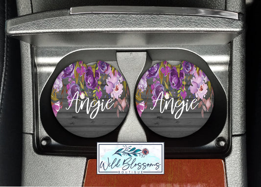 Wooden Grey And Purple Floral Car Coasters