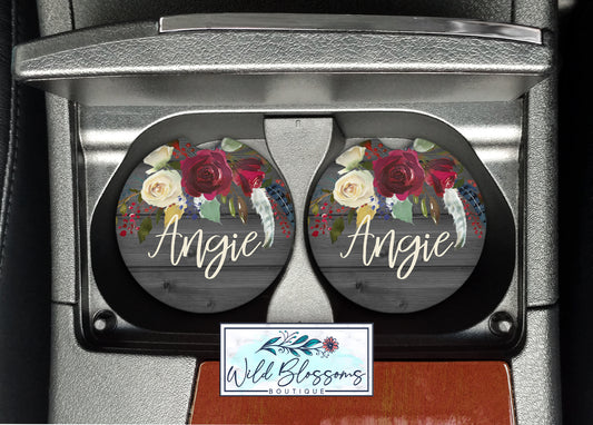 Wooden Grey And Red Floral Car Coasters