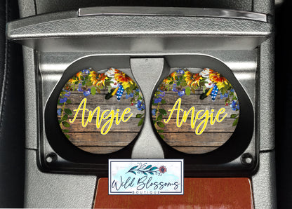 Wooden Sunflower Floral Personalized Car Coasters