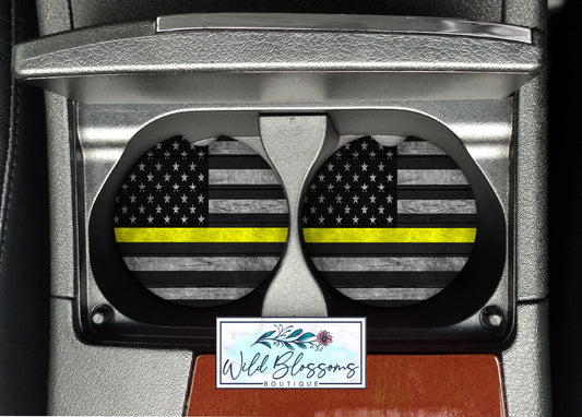 Wooden American Flag Yellow Line Car Coasters