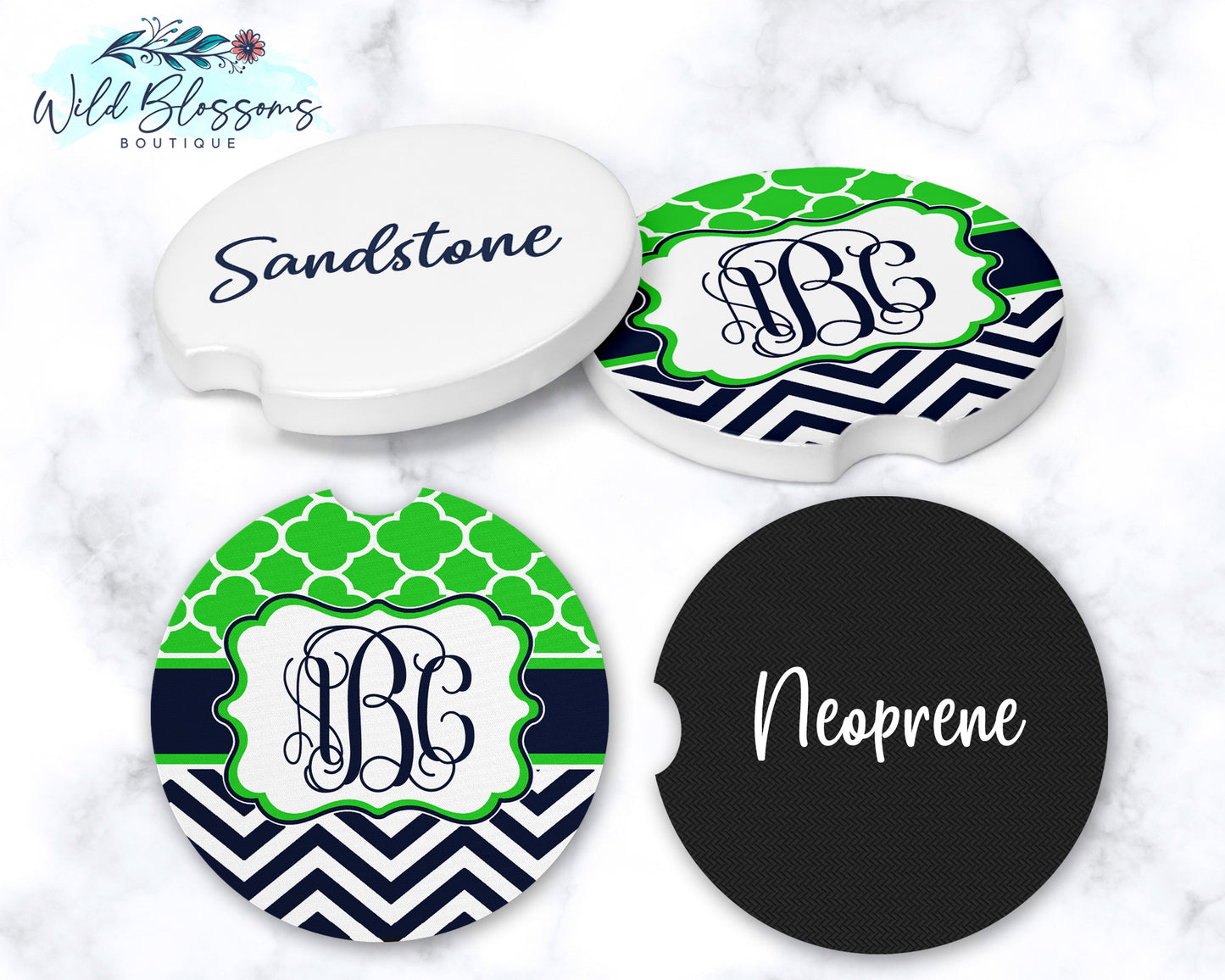 Lime And Navy Monogram Car Coasters