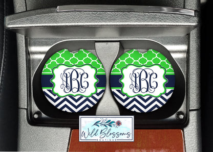 Lime And Navy Monogram Car Coasters
