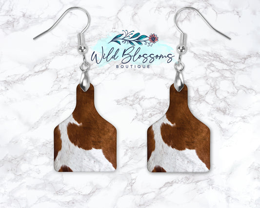 Light Brown Cow Hide Cow Tag Drop Earrings