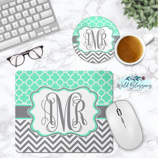 Mint And Grey Monogram Mouse Pad And Coaster Desk Set