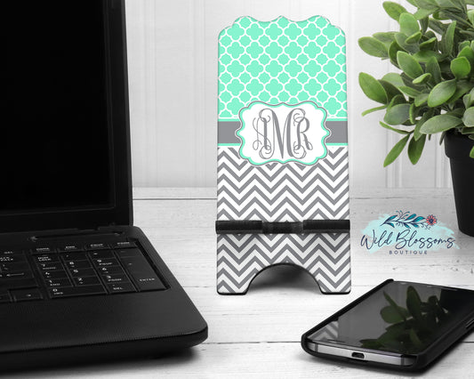 Mint And Grey Monogram Phone Stand