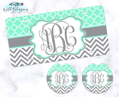 Mint And Grey Monogram Car Coasters