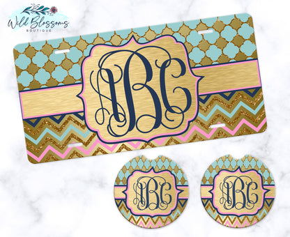 Mint, Pink, Navy And Gold Monogram Car Coasters