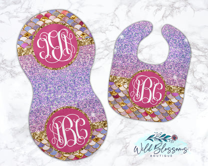 Mermaid Scale Baby Bib And Burp Cloth Set