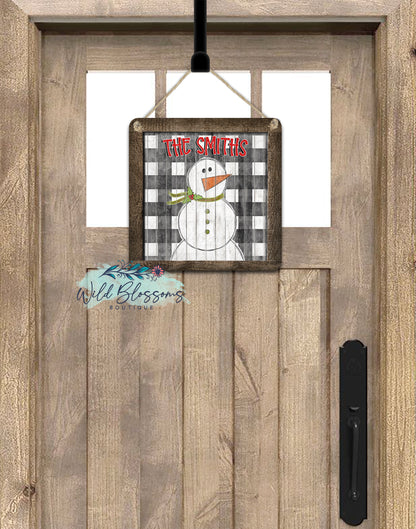 Wooden Painted Snowman Personalized Square Door Hanger | Rustic Christmas Farmhouse Decor