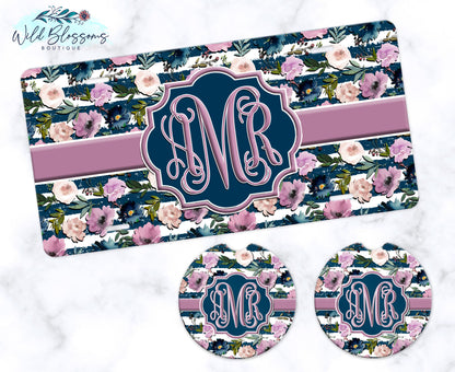 Navy And Mauve Floral License Plate