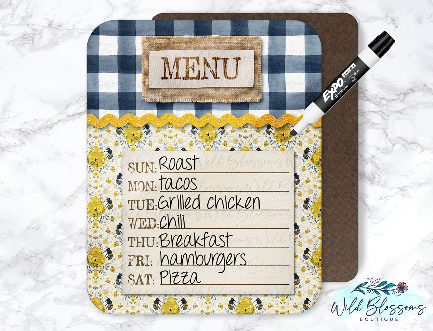 Navy Buffalo Plaid Farmhouse Bee Menu Dry Erase Board