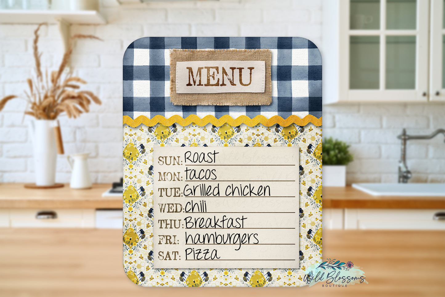 Navy Buffalo Plaid Farmhouse Bee Menu Dry Erase Board