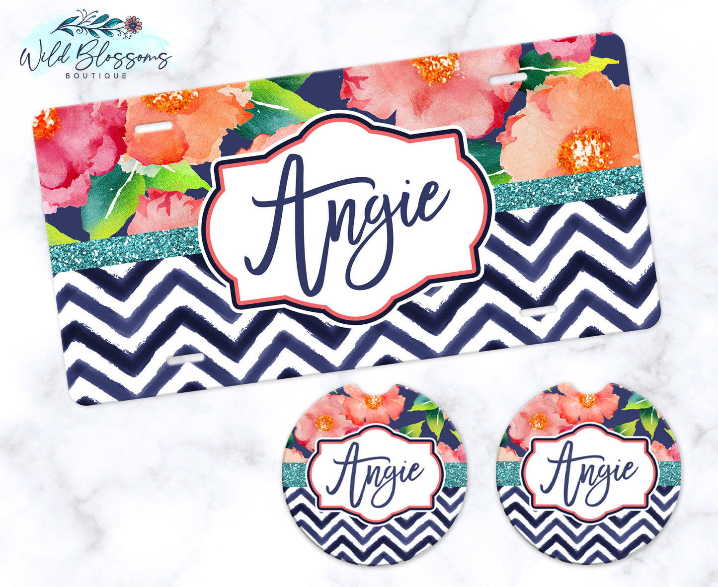 Navy Floral Car Coasters