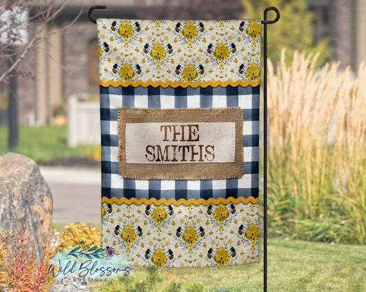 Navy Buffalo Plaid Honey Bee Farmhouse Garden Flag