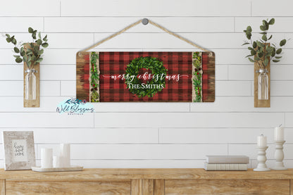 Red Wooden Buffalo Plaid Boxwood Wreath Door Hanger | Sign