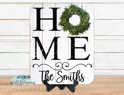 Personalized HOME Boxwood Wreath Sign | Rustic Farmhouse Family Name Decor