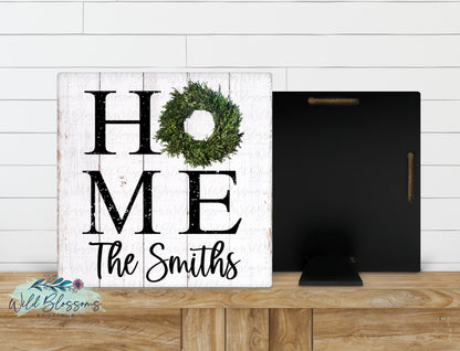 Personalized White HOME Boxwood Wreath Sign | Farmhouse Family Name Decor
