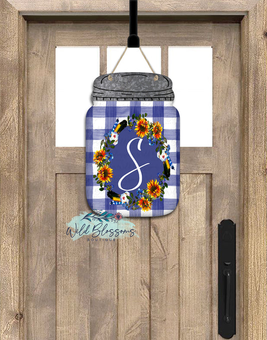 Blue Buffalo Plaid And Sunflower Mason Jar Shaped Personalized Door Hanger