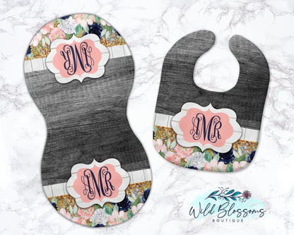 Navy Floral Blush Baby Bib And Burp Cloth Set