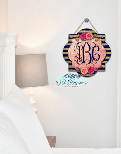 Navy Blue And Gold Striped Floral Quatrefoil Door Hanger