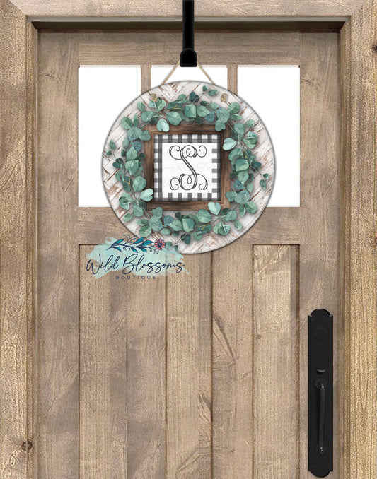 Wooden Rustic Eucalyptus Wreath Personalized Round Door Hanger