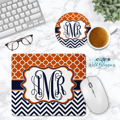 Orange And Navy Monogram Mouse Pad And Coaster Desk Set