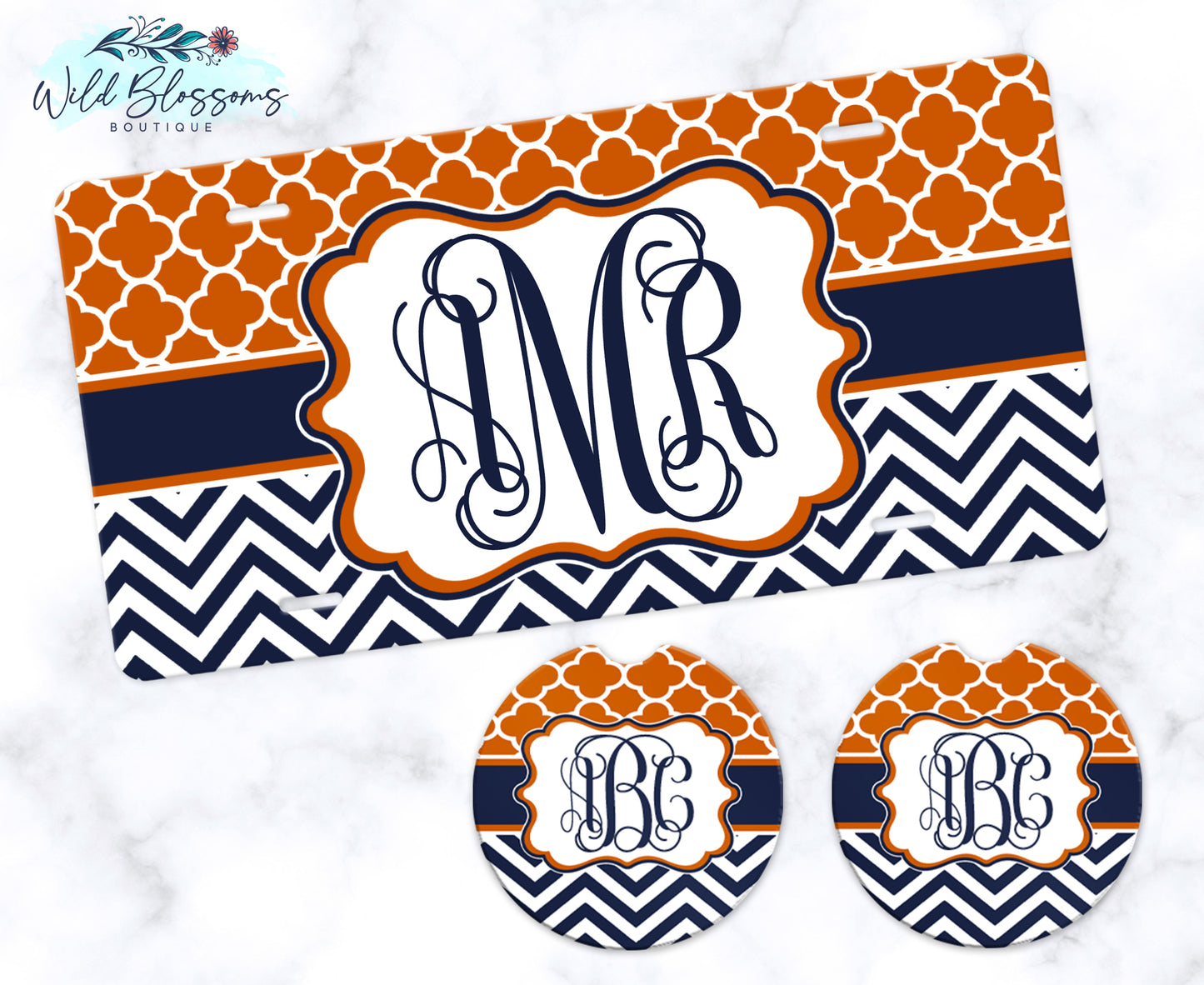 Orange And Navy Monogram Car Coasters