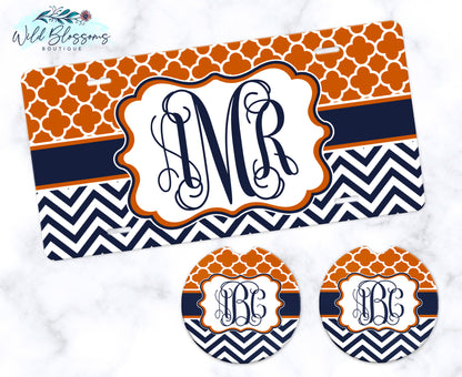 Orange And Navy Monogram Car Coasters