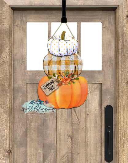 Orange Buffalo Plaid And Polka Dot Stacked Pumpkin Door Hanger