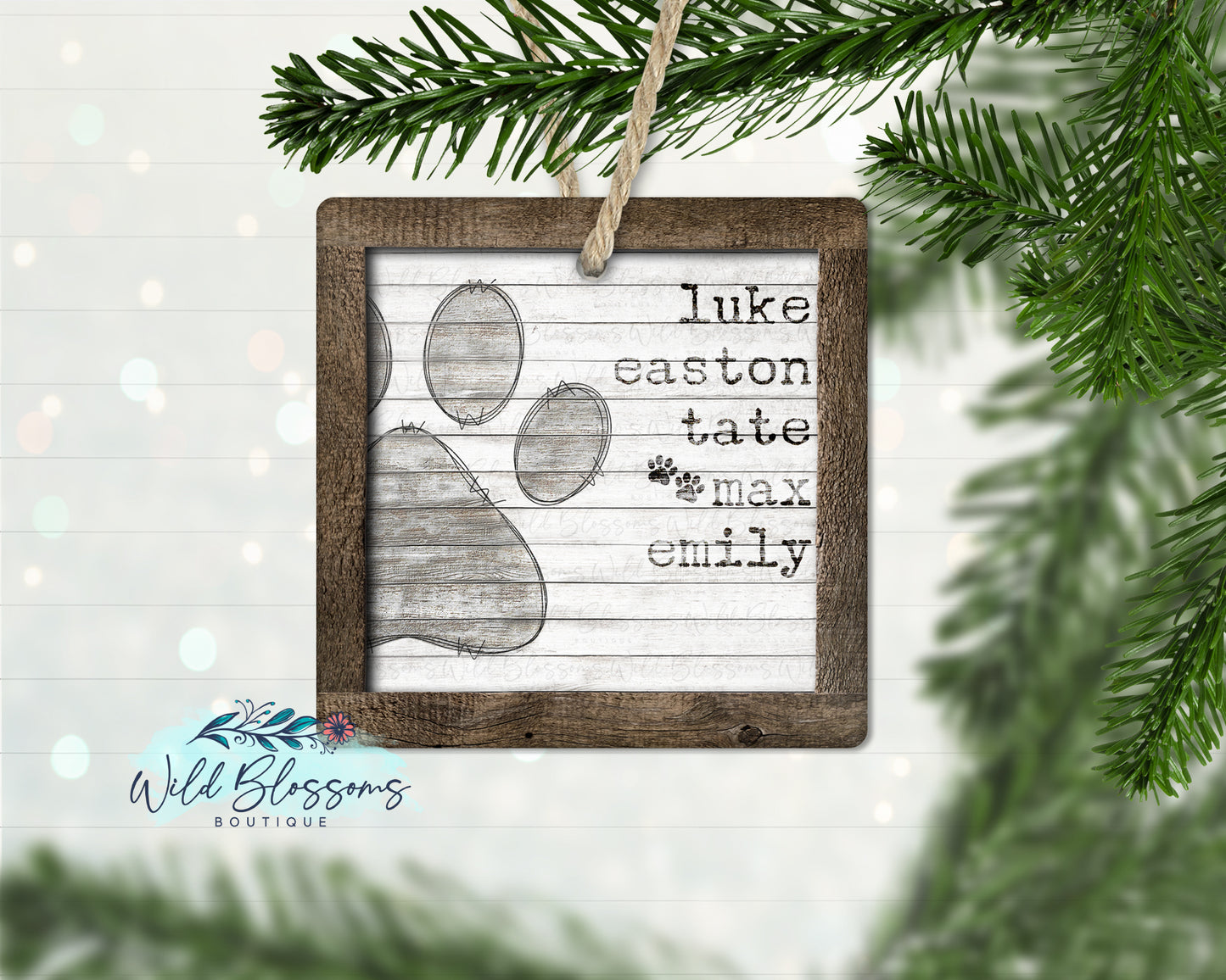 Rustic Wooden Paw Print Family Name Ornament