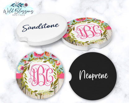 Pink And Wooden Floral Wreath Car Coasters