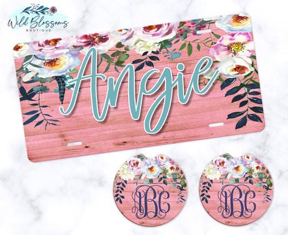 Pink Wooden Peony Car Coasters
