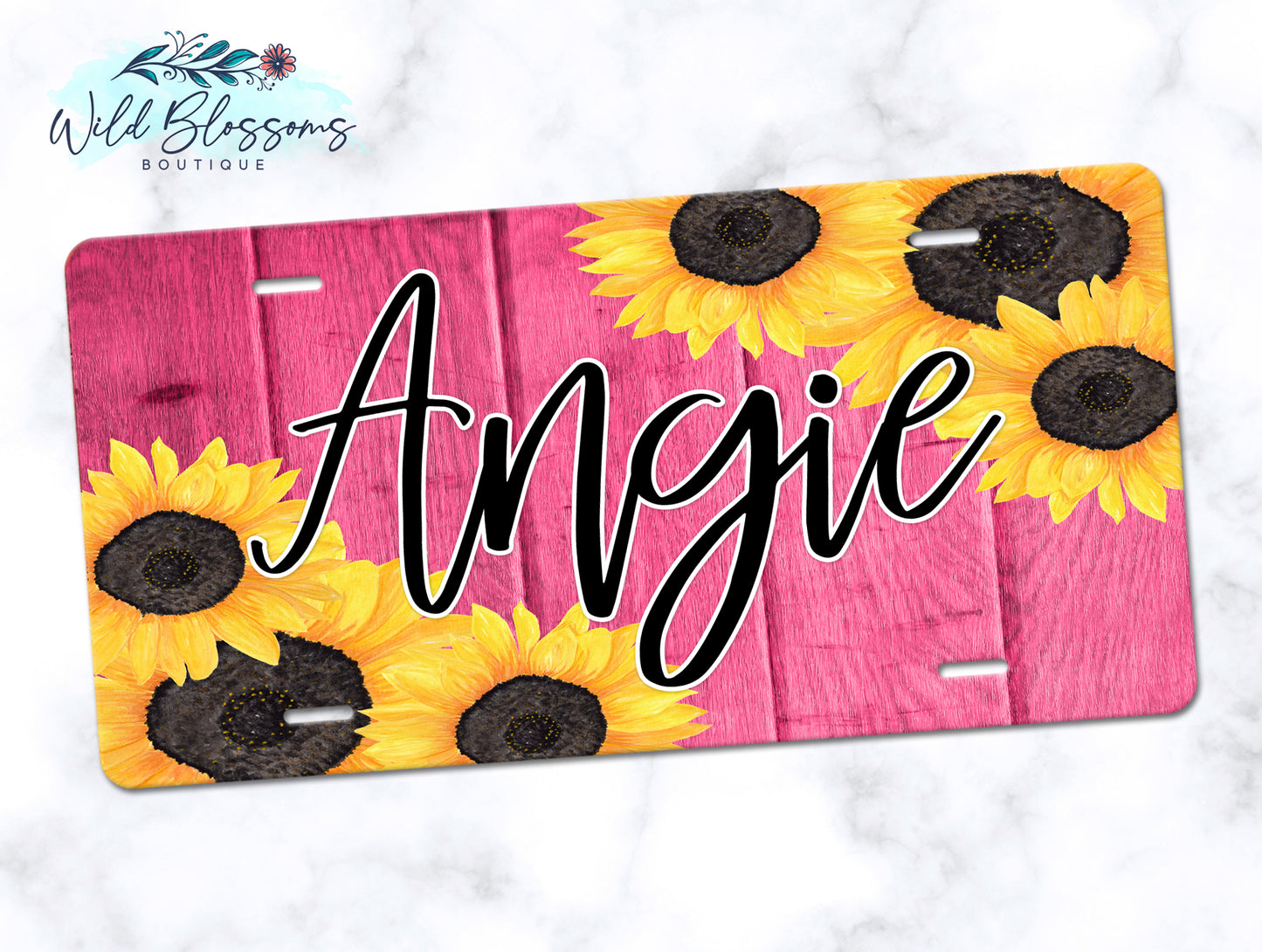 Pink Wooden Sunflower License Plate