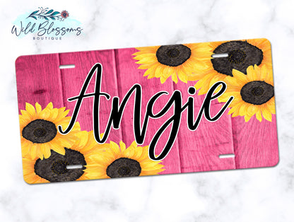 Pink Wooden Sunflower License Plate