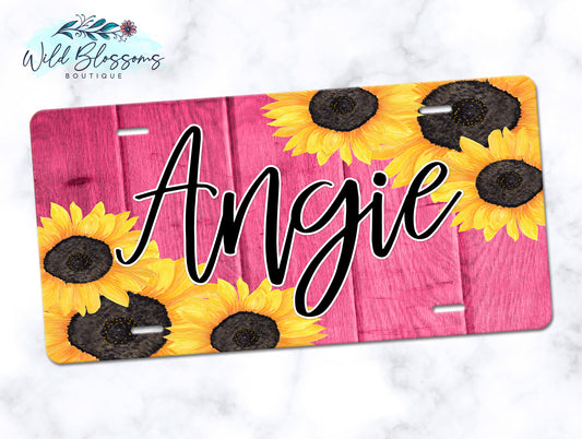 Pink Wooden Sunflower License Plate