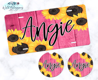 Pink Wooden Sunflower Car Coasters