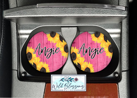 Pink Wooden Sunflower Car Coasters
