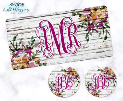 White Wooden Plum Floral Car Coasters