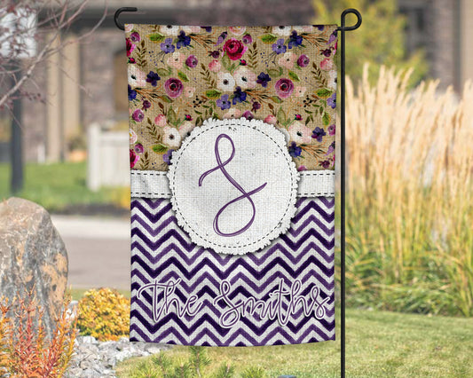 Purple Chevron And Floral Garden Flag