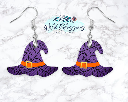 Purple Spiderweb Witch Hat Drop Earrings
