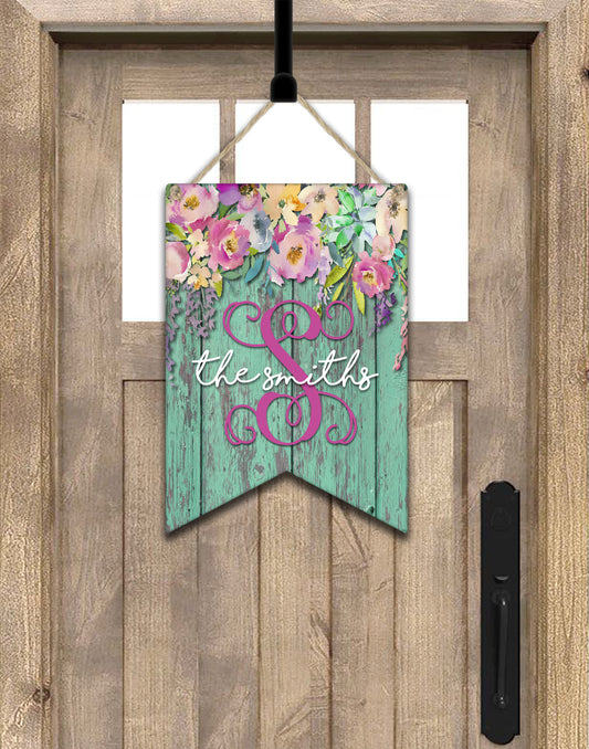 Green Wooden Floral Bunting Door Hanger