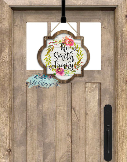 Wooden Spring Floral Personalized Quatrefoil Shaped Door Hanger