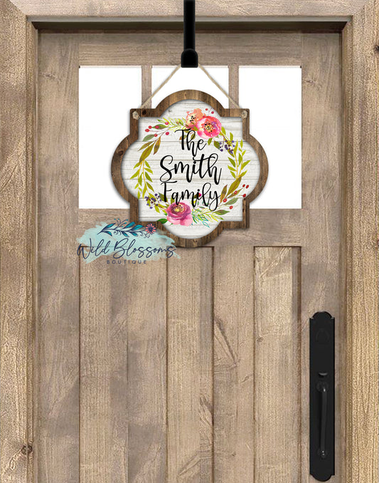 Wooden Spring Floral Personalized Quatrefoil Shaped Door Hanger