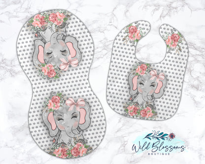Pink Floral Elephant Baby Bib And Burp Cloth Set